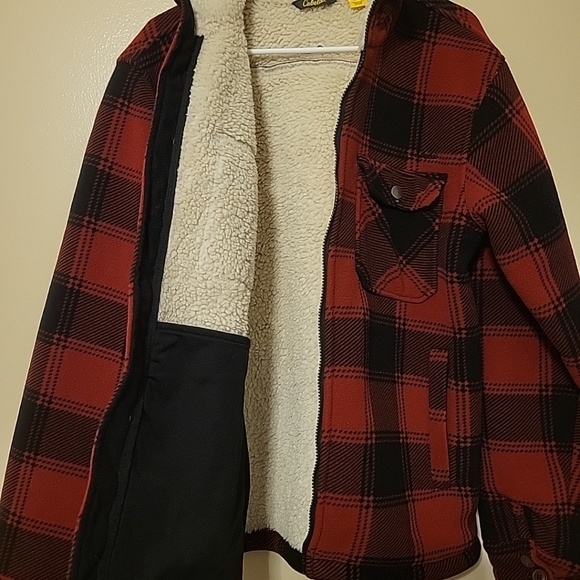 Cabela's Fleece Jacket Mens Medium Red Black Sherpa Lined Full Zip Flannel Heavy - Picture 6 of 13